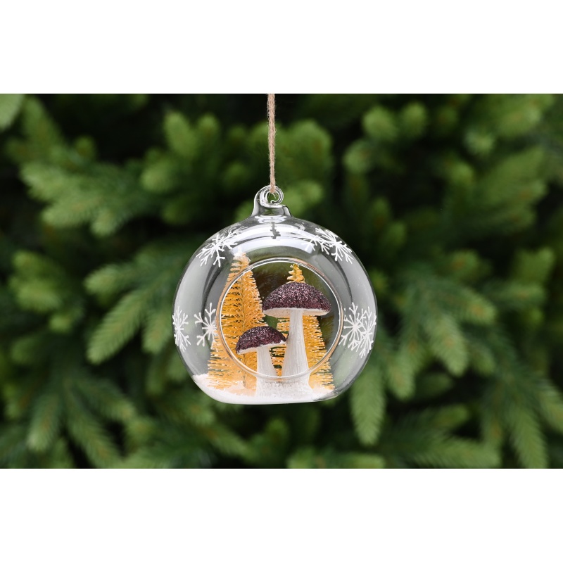 Festive Festive Clear Cut Out Glass Ball With Mushrooms 11cm