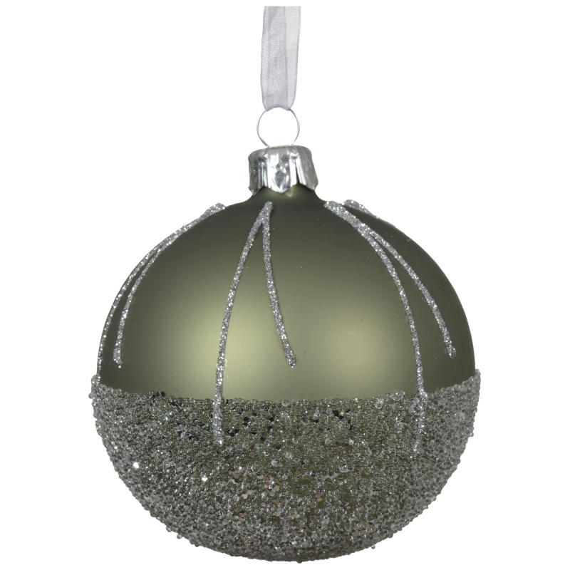 Decoris Decoris Glass Bauble Ballotine Lines - Rosemary Green