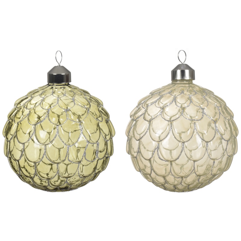 Decoris Decoris 2 Pack Glass Baubles With Glitter Ribs - Rosemary Green