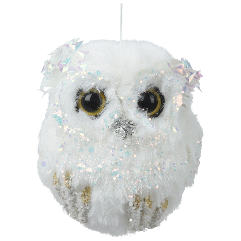 Decoris Decoris Hanging Owl Fur Sequins Bauble - White