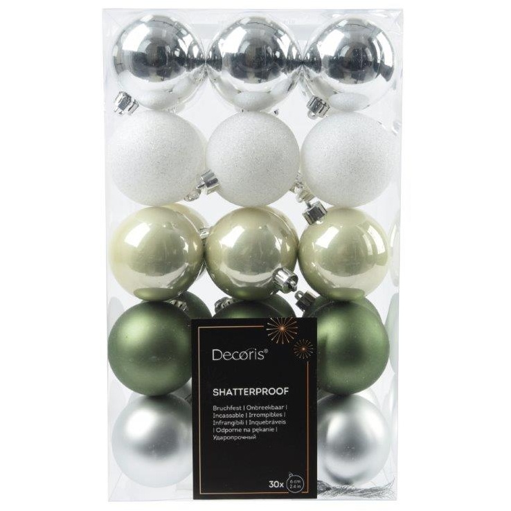 Decoris Decoris 30 Pack Baubles - White/Silver/Green