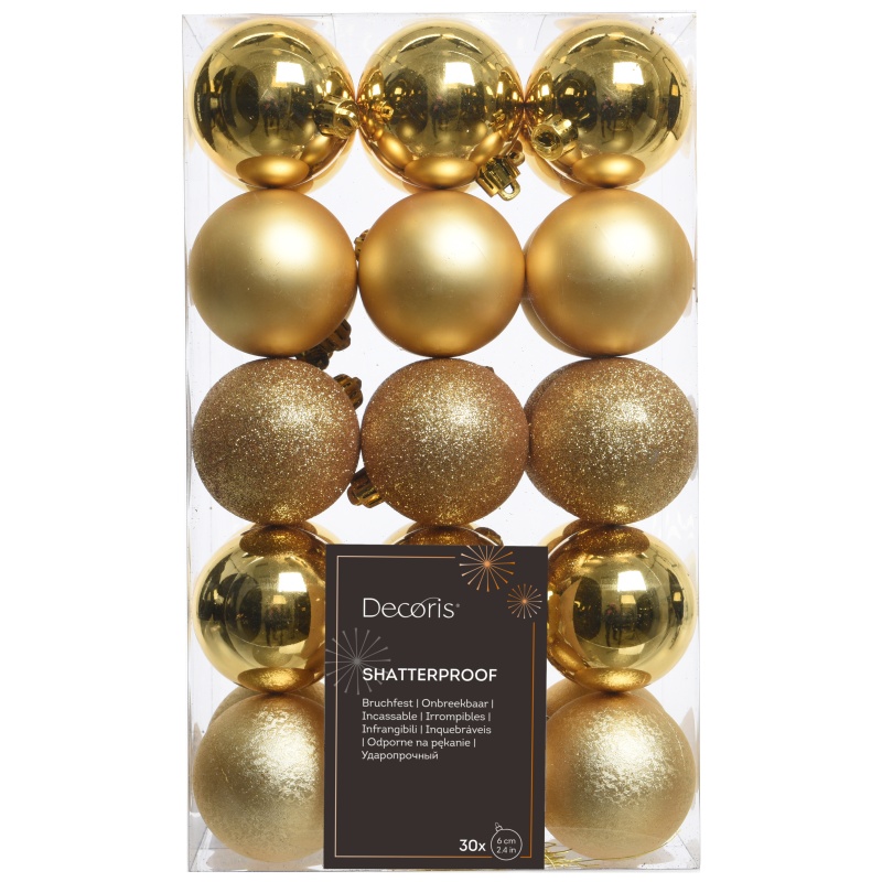 Decoris Decoris 30 Pack Baubles - Shiny/Matt/Glitter Light Gold