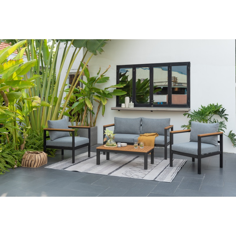 Barcelona 4 Seat Garden Lounge Set - Black/Natural Wood In Black/Wood